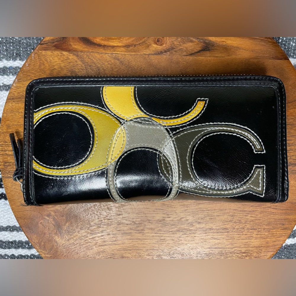 Coach Black Leather Zip Wallet with Yellow and Gray Appliqué